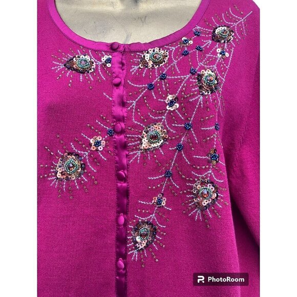 Michael Simon Cardigan XL Sweater Cropped Bird Sequined Peacock Cottage Glam - Picture 2 of 5